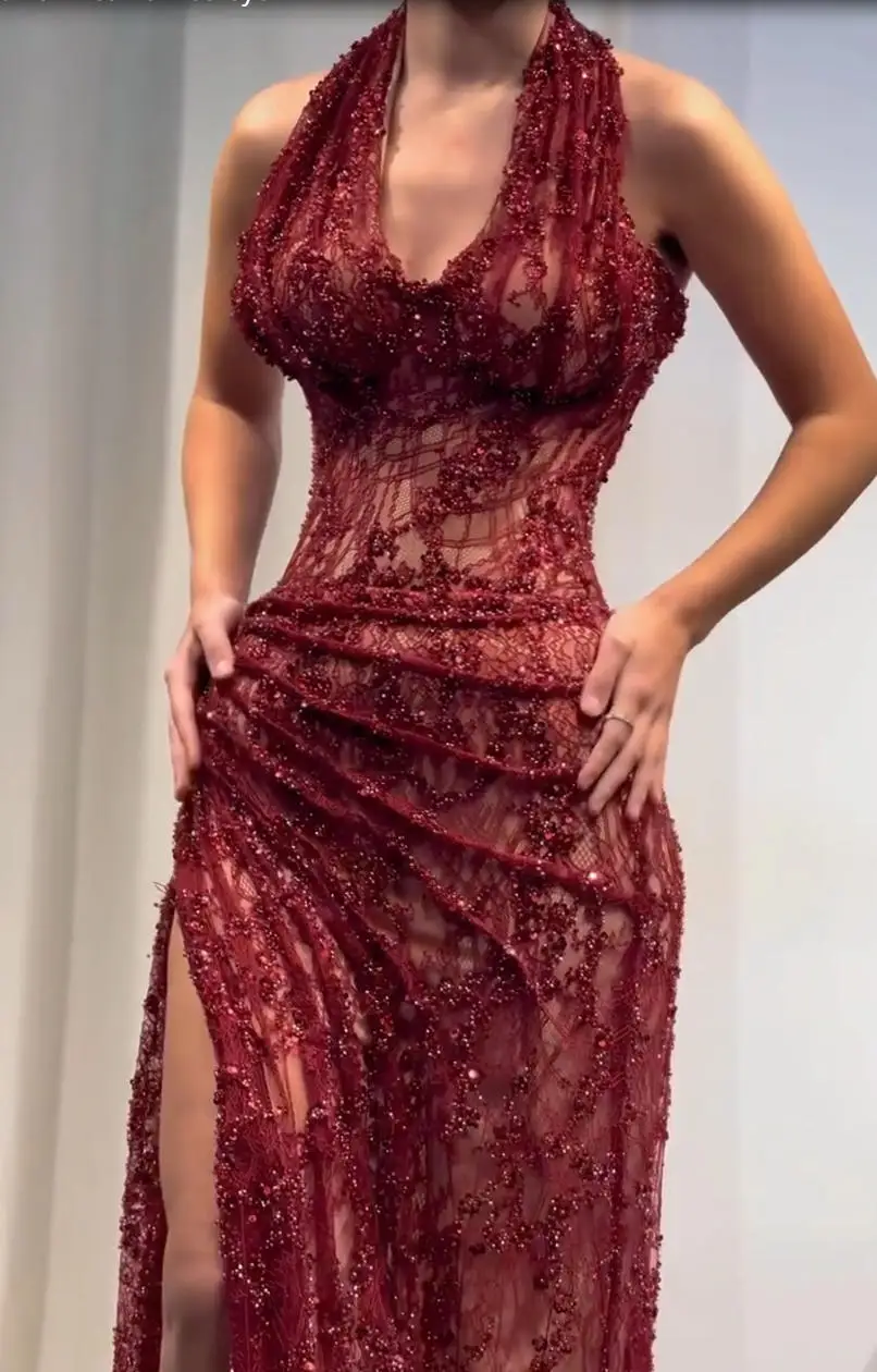 

Ofherown Burgundy Sequin Halter Evening Dress Sheer Lace Ruched Bodycon Prom Gown With High Slit For Wedding Party Customized