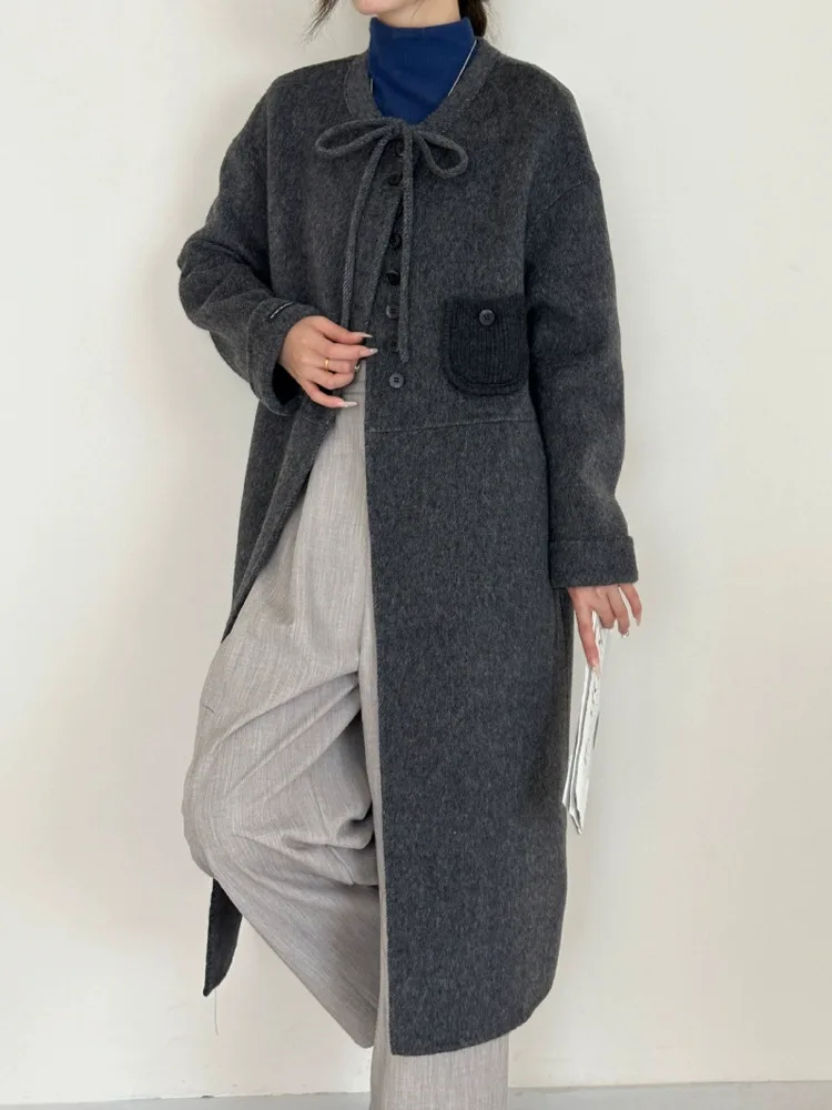 ZMEENNA femmes gris anthracite laine mélange Long manteau col montant cravate détail chaud formel mode usage quotidien surdimensionné ZM3481