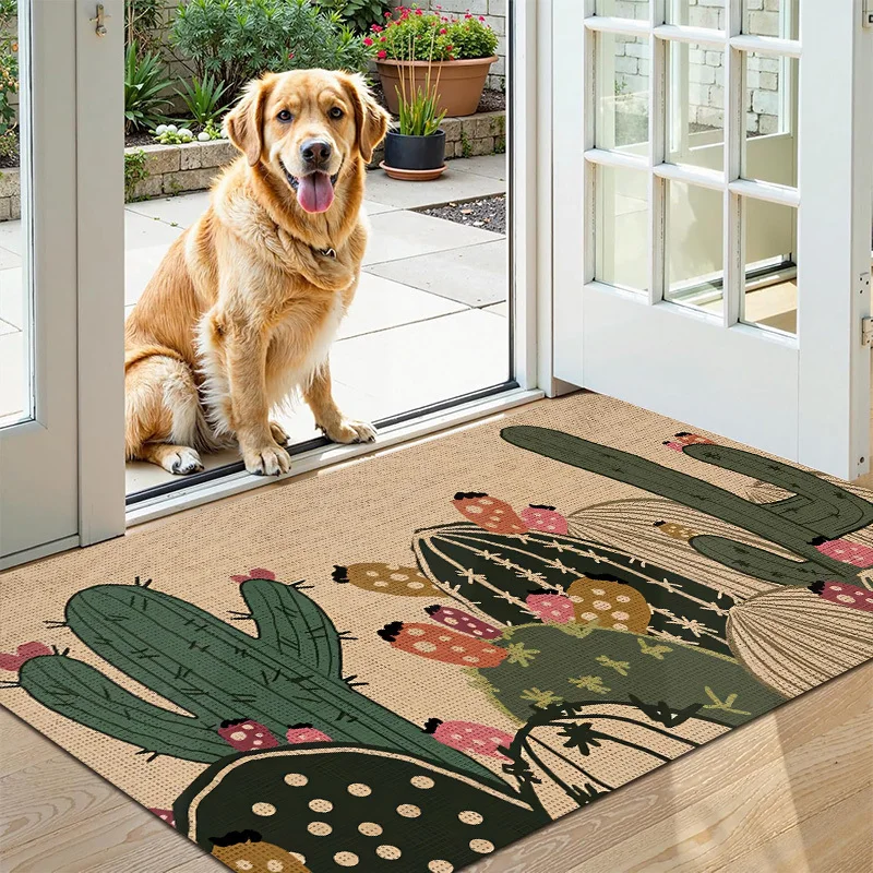 VIKAMA Boho Succulent Floor Mat Desert Cactus Plant Pattern Anti‑Slip Washable Doormat Entryway Porch Farmhouse Home Decor Rug