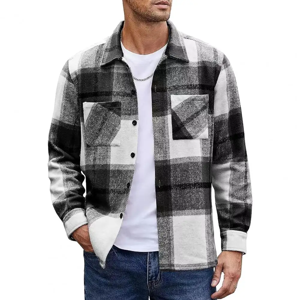 Lapel Long Sleeve Shirt Jacket Men Vintage Shirt Jacket Men\'s Plaid Print Shirt Coat Autumn Winter Lapel Long Sleeve Jacket