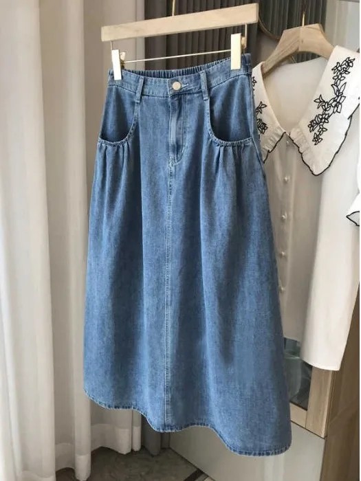 

High Waist A-Line Denim Skirt Women's Faion Hong Kong Sle Elastic Waist Design Sensation Casual Brand Jeans Skirts