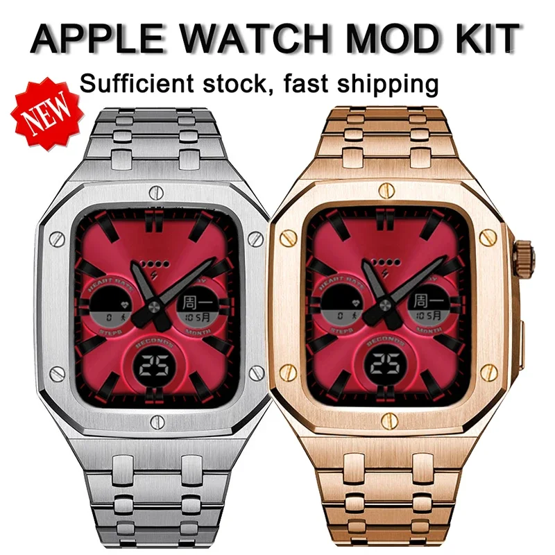 Luxury Modification Kit for Apple Watch Band 45mm 44mm Mod Kit Metal Stainless Steel Case Strap for IWatch Series 9 8 7 6 5 4