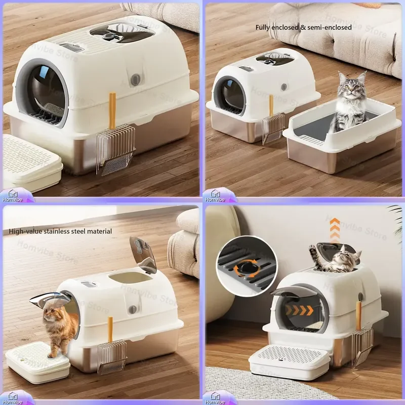 Large Fully Enclosed Stainless Steel Cat Litter Box with Odor Control Oversized Self Cleaning Cat Toilet for Multiple Cats