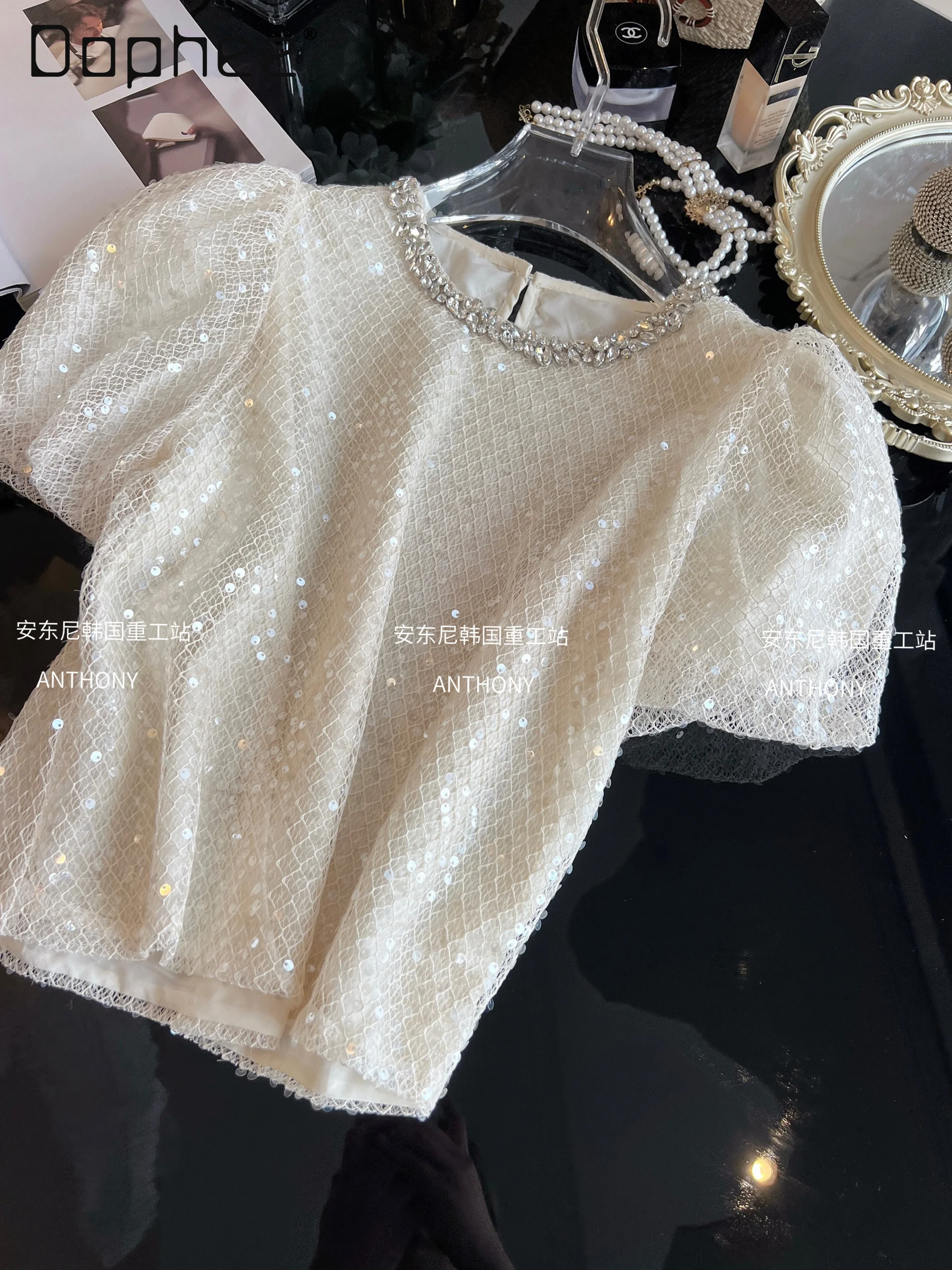 

Summer 2025 New Heavy Industry Diamond Sequin Mesh Plaid Top Women Shirt Bubble Sleeves Loose Casual Women Clothing Fashion