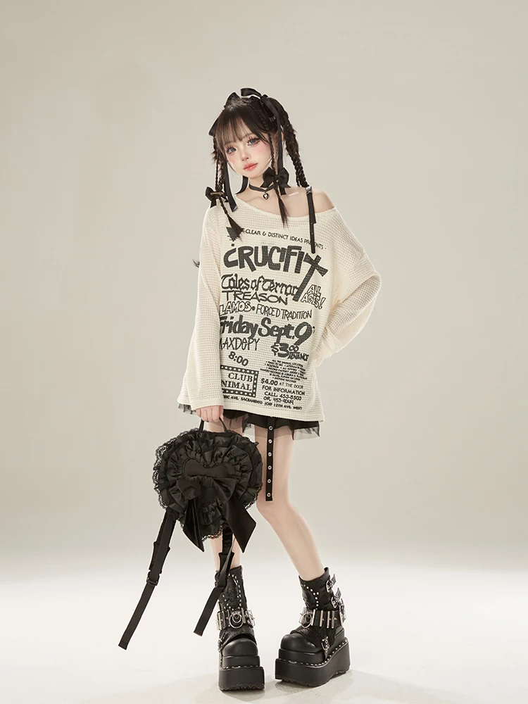 Fashion Women's 2024 Early Spring Off-the-Shoulder Sling Sweaters Feminine Chic Loose Sweaters Hot Girl Long Sleeve Pullover Top