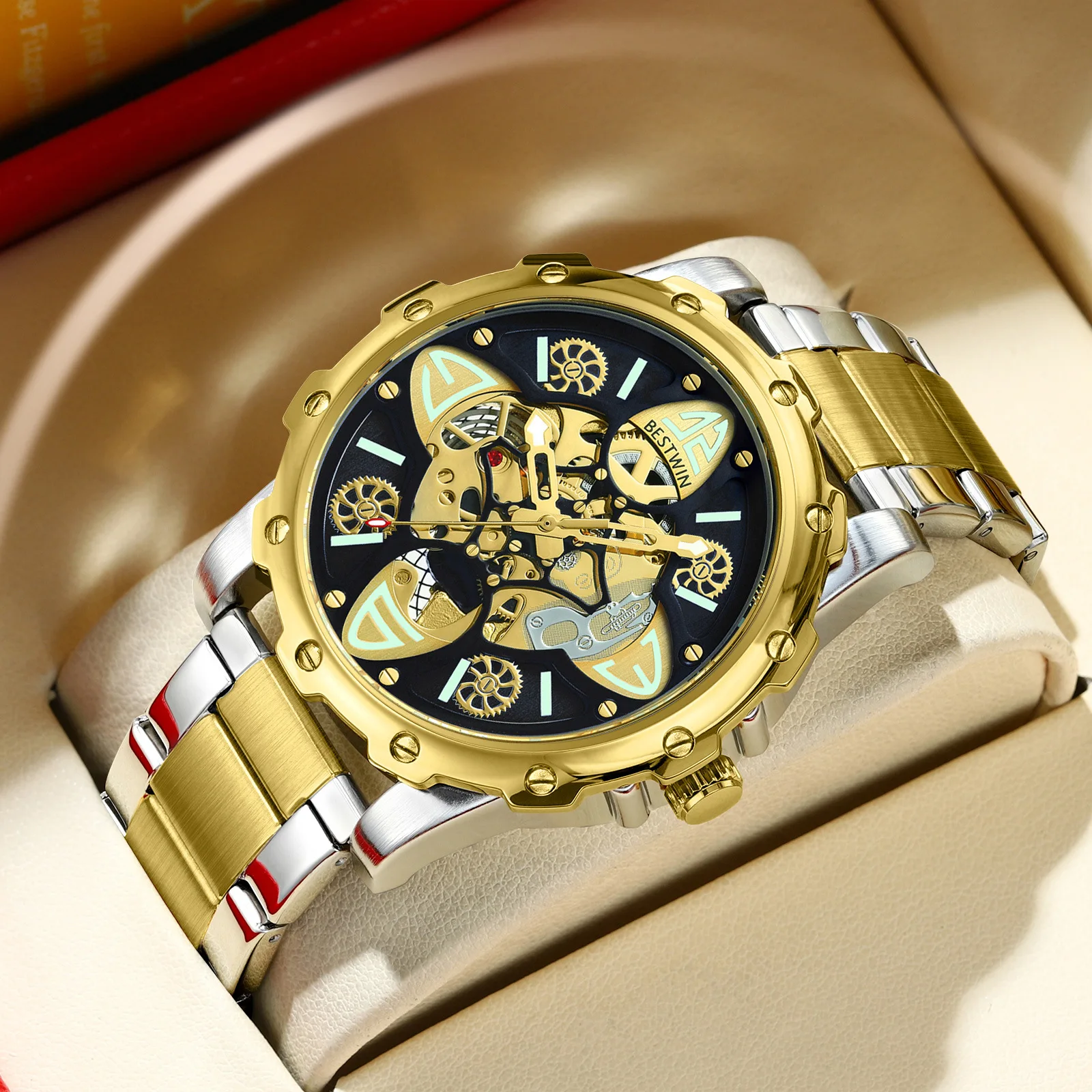 BESTWIN 203 ساعة رجالي منظور أسفل بوش مفتوحة قطع غير ميكانيكية متعددة الطبقات مضيئة موضة ساعات كوارتز للرجل