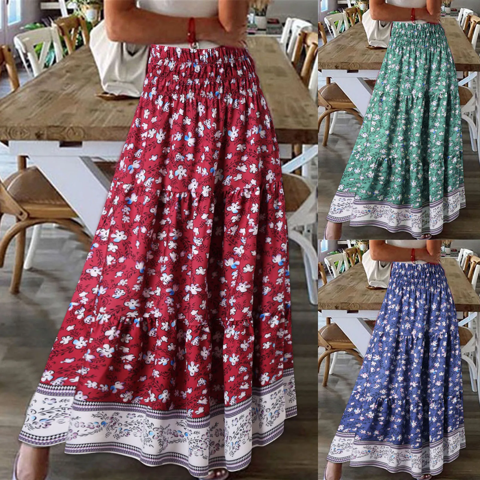 

2022 Summer Women Floral Skirt Boho Long Skirts Female Fashion Plus Size Wrinkle Dresses New Casual Beach Skirt For Women