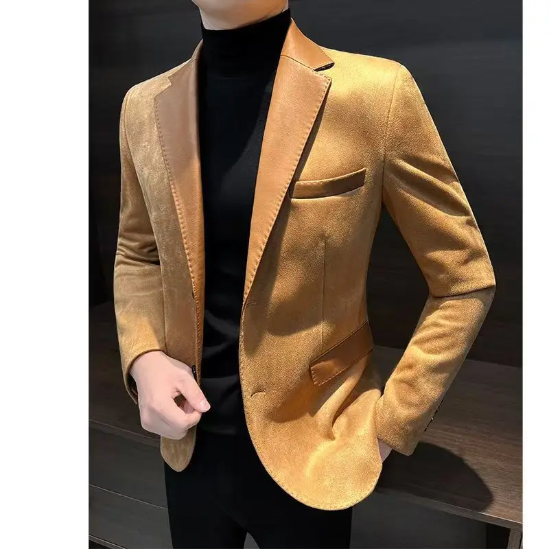 

4-A77 Deerskin High-grade Casual Men's Suit Jacket Fashionable Autumn and Winter Hong Kong Style New Patchwork Suit