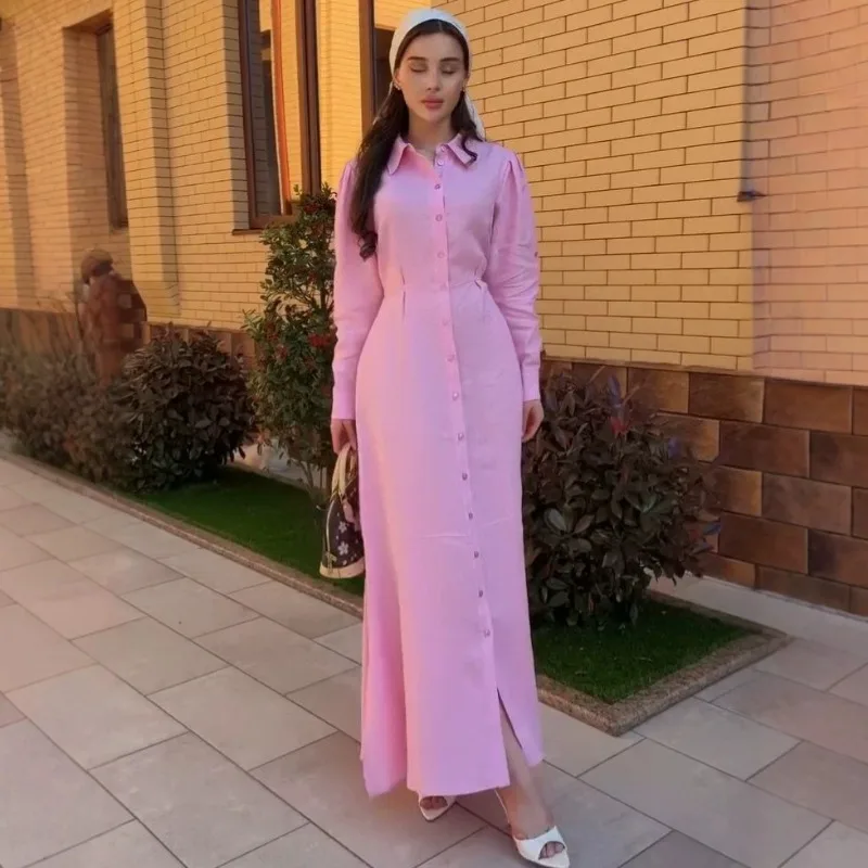 Elegantes Freizeit-Maxikleid für Damen: Langärmliges, einfarbiges, tailliertes, schmales, gerades Kleid mit Schlitz für Büro und Alltag
