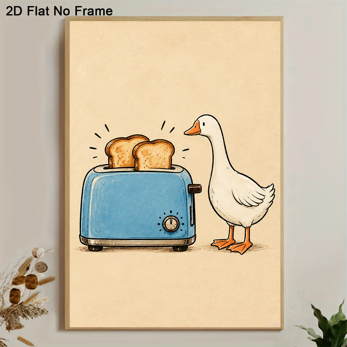 2D Flat, 2D Flat, 1pc Frameless Canvas Poster, Cute Goose Making Toast in Blue Toaster, Wall Art Canvas Painting, Bedroom Liv