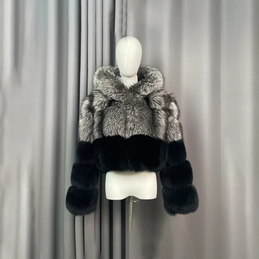 

Black Natural Fox Fur Jacket With Hood Cropped Real Silver Fox Fur Coat Women's Short Fur Jacket Luxury Genuine Leather Jackets