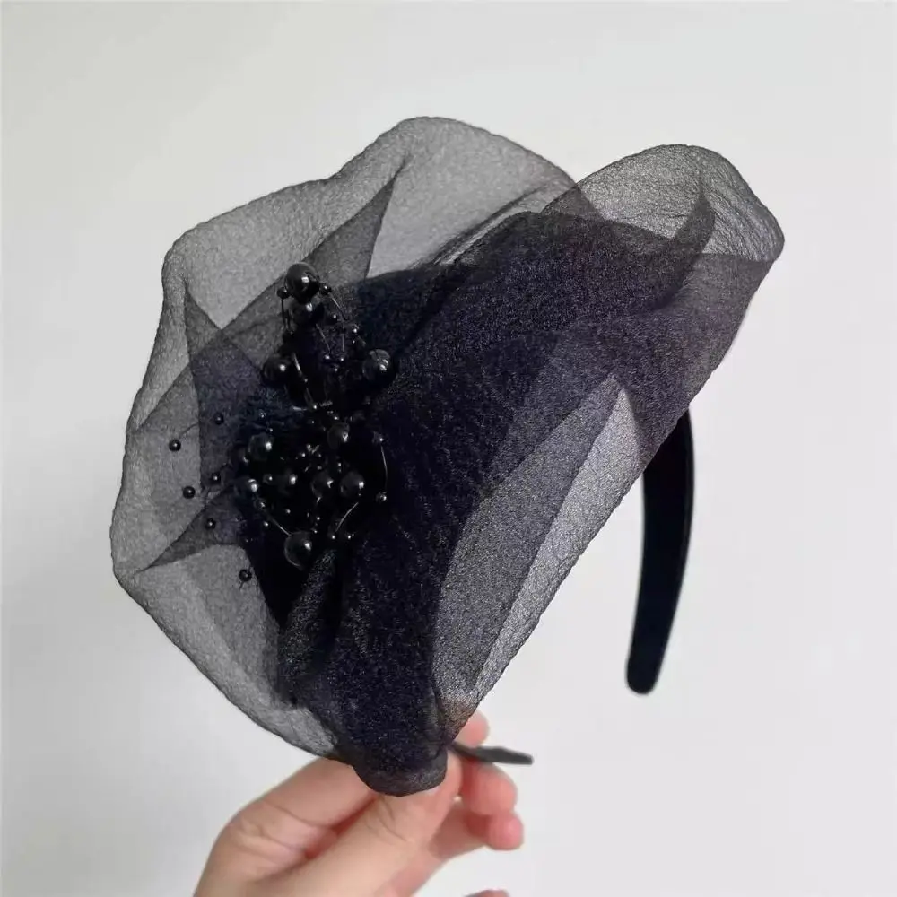 Elegant Plastic Beaded Mesh Hairband Hair Accessories Dinner Party Hairband Mesh Veil Fascinator Hat French Bead Yarn Half Hat