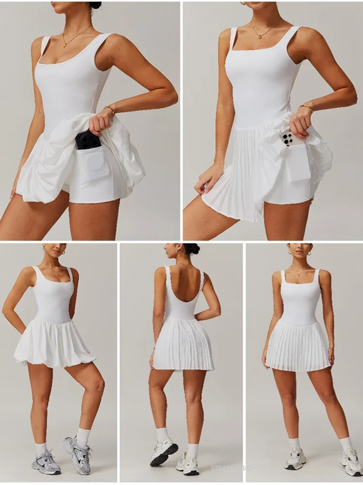 VITALINOVO Workout Tennis Dress with Built in Shorts Square Neck Padded Workout Dress with Pockets Golf Athletic Mini Dresses