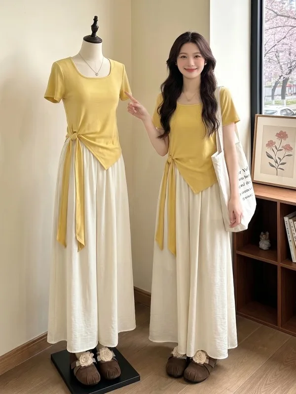 Yellow Short Sleeve T-Shirt Skort Set Women's plus Size Fashion Summer Outfit Dopaamine Effect Age Reduction Two Piece Suit