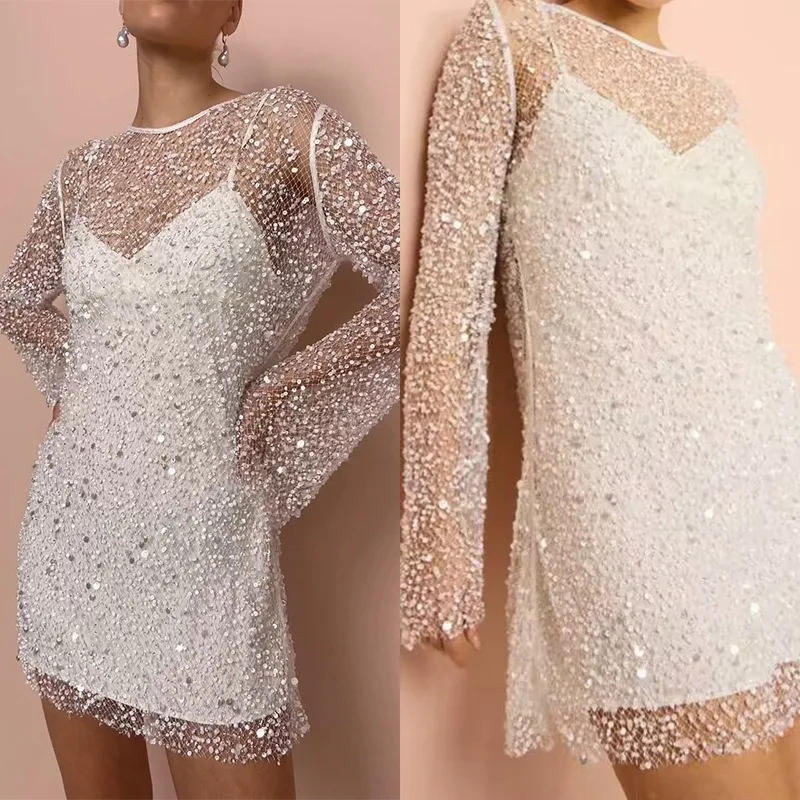 

Women's Sexy Bubble Bead Perspective Mesh Two Piece Sling Dress New Women Fashion Long Sleeved Elegant Party Dresses