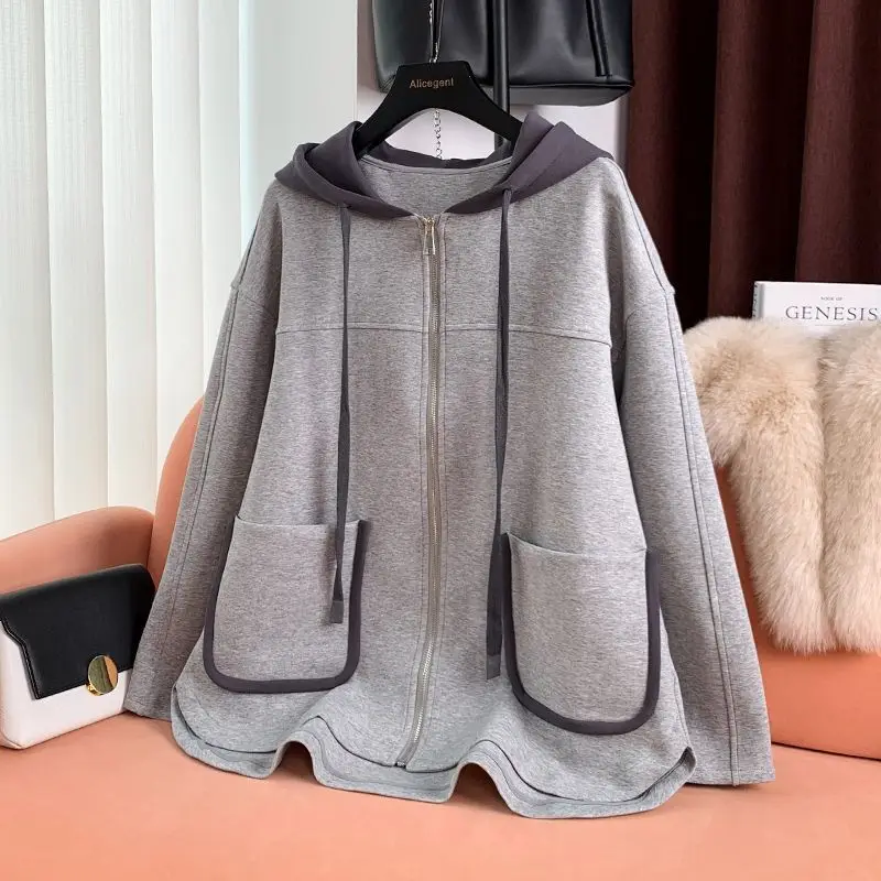 

Дизайнерская утолщенная толстовка с капюшоном контрастного цвета для женщин осенью и зимой, свободный топ плюс бархатная куртка