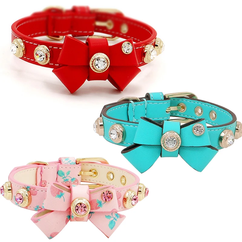 High Quality Dog Cat Bowtie Collar Necklace Fashion Designer Diamond Bling Crystal Handmade Genuiner Leather Pet Collar Chain