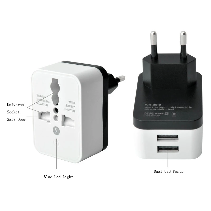 2 USB 2A Universal Socket CN EU KR US UK Charger Travel Adaptor AC Power Plug Adapter Converter Convertor