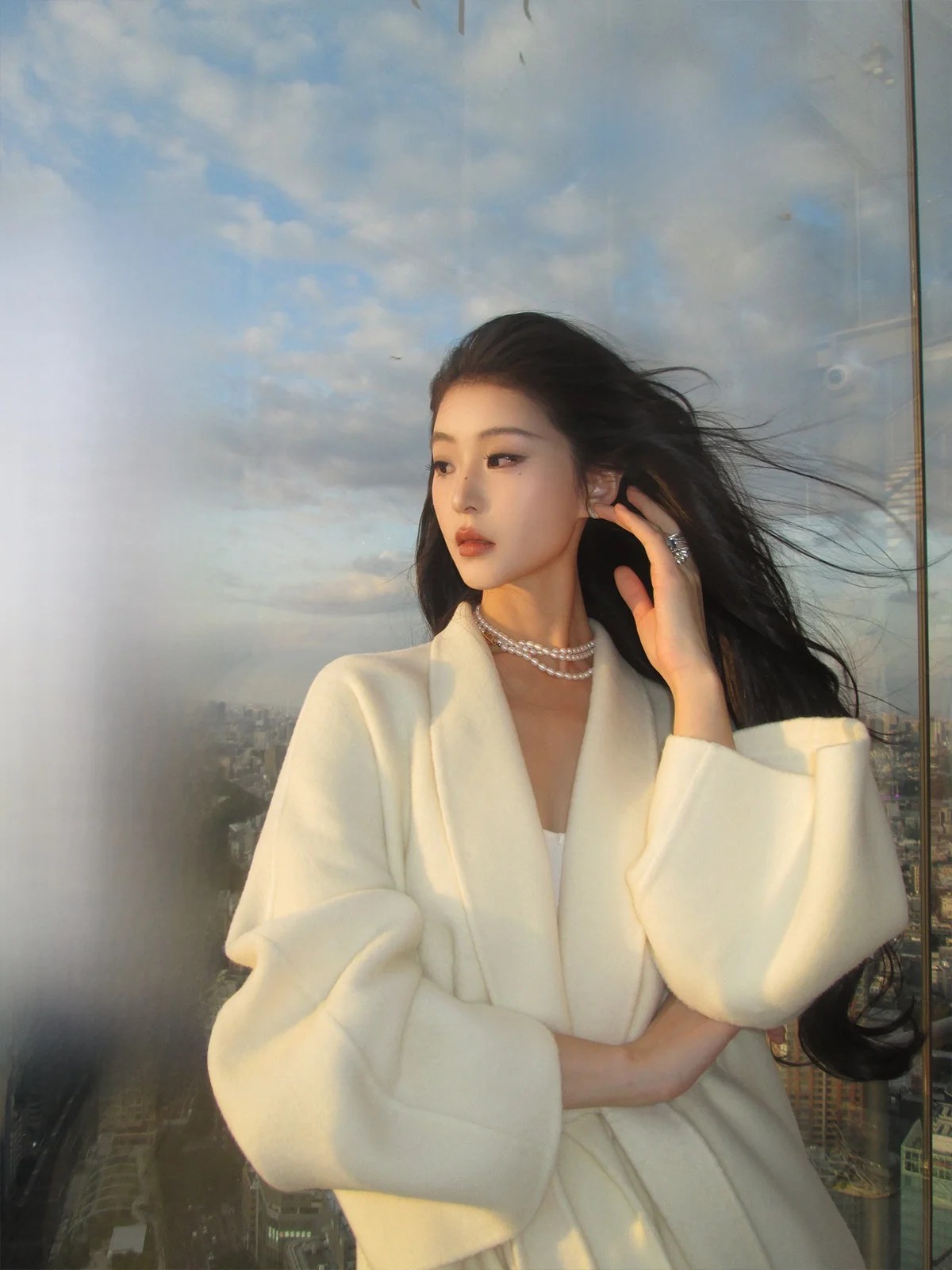 

Iceollo Double-sided Woolen Coat Long Sle Women's Autumn Winter White Felted Woolen Outerwear Ele Lapel Collar Coat