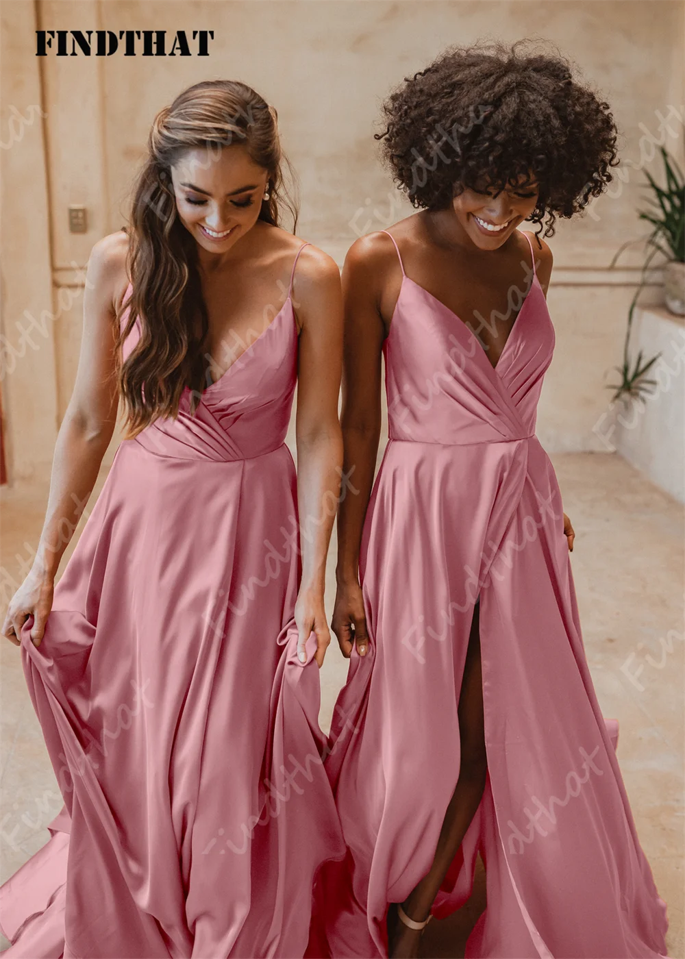 Findthat Sexy Ruched V-Neck Satin Bridesmaid Dresses for Wedding 2024 Spaghetti-Straps A-Line Party Gowns with Slit Floor Length