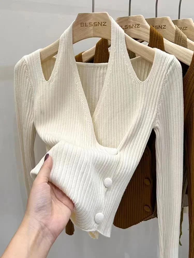 Estilo coreano Otoño Invierno todo-fósforo suave Sueter Mujer Halter suéteres de punto mujeres Sexy Irregular Simple suéter interior Casual