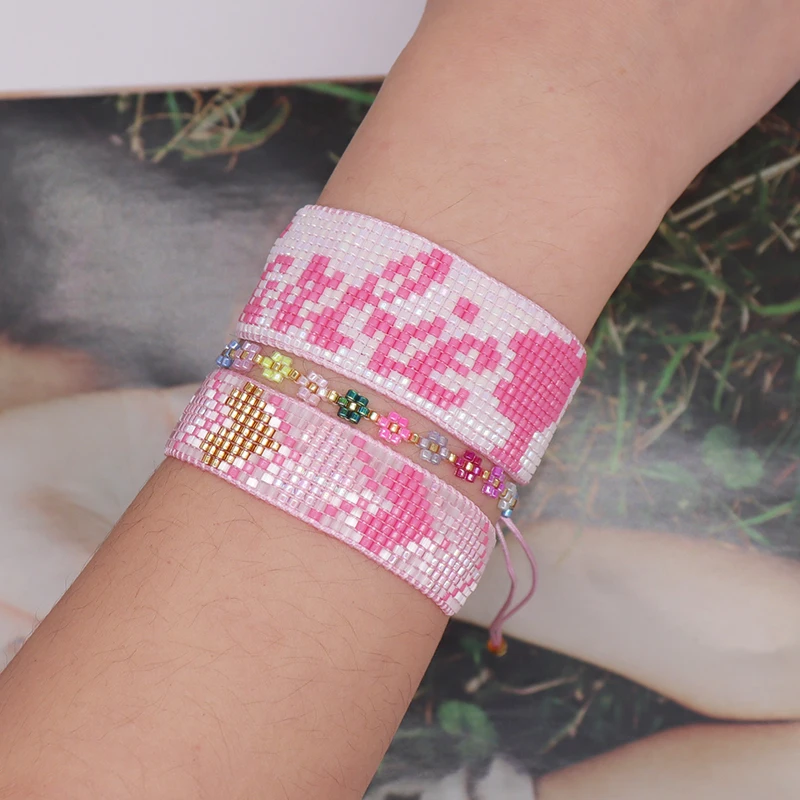 ZHONGVI Sweet Pink Bracelet Set For Women Miyuki Beadwork Bracelets Lucky Flower Design Pulseras Handmade Woven Jewellery