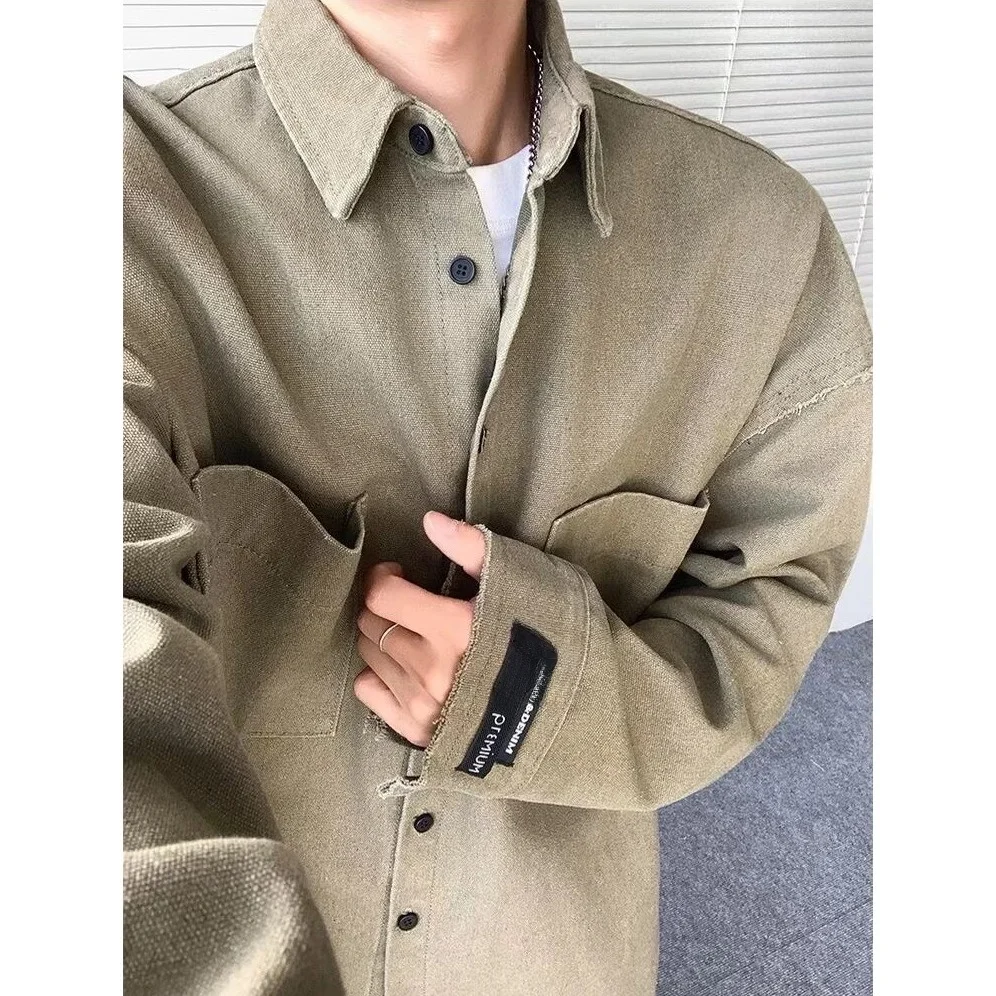 جاكيت دينيم رجالي فضفاض للخريف والشتاء، مقاس كبير مع شراشيب، تصميم أمريكي عصري، معطف عمل للشباب