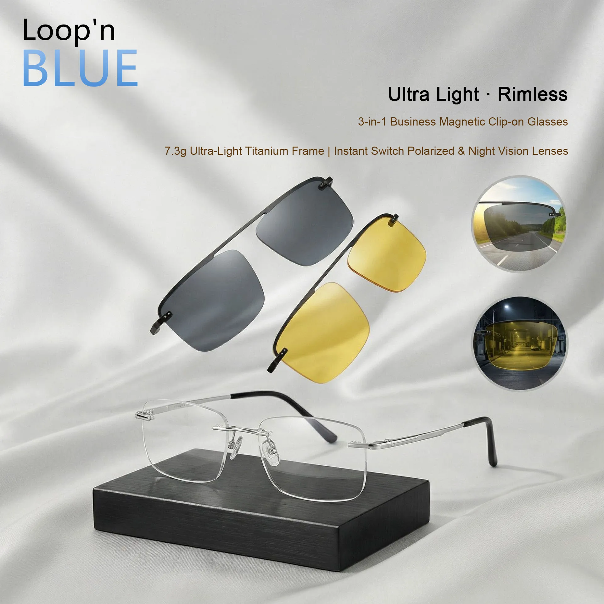 LOOPNBLUE Men's Magnetic Clip-on Polarized Sunglasses Set Customizable Prescription Optical Glasses for Myopia And Hyperopia