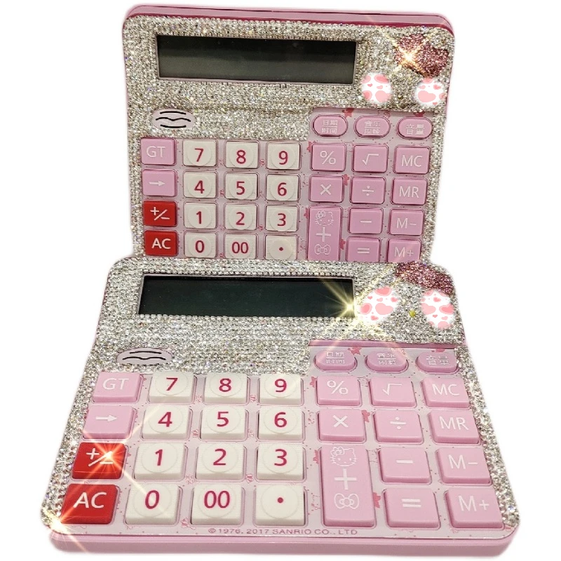 Kawaii Cartoon Calculator with Rhinestone Cute Pink Cat Real Voice Learning Big Button Screen Display 12 Digits Office Supplies