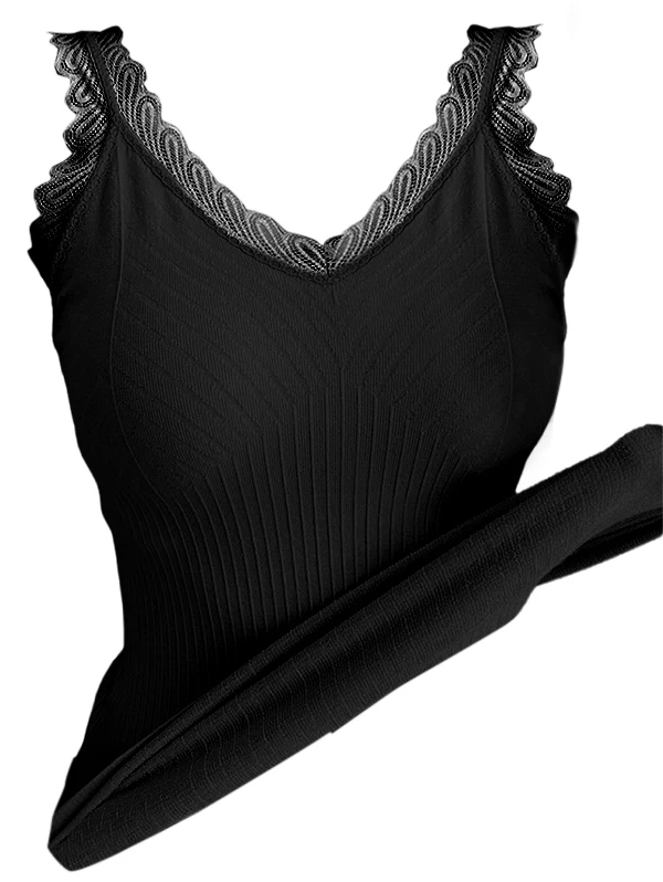 Dressfo 2025 Women's Black Tank Tops Ribbed Scalloped Lace Panel V Neck Knit Tank Top Y2k Clothes топ женский