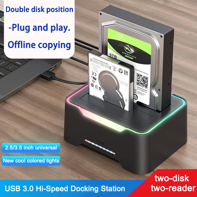

2.5/3.5 inch Dual Disk SATA Hard Drive Dock USB3.0 Laptop Desktop PC RGB Lights USB-C 3.1Standard 12V/3A power supply