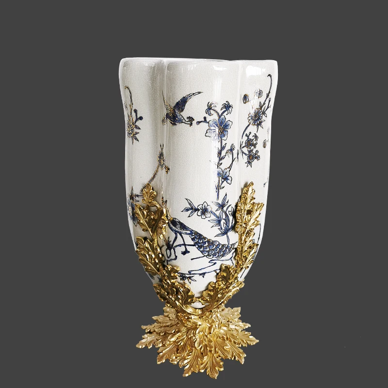 Hotel project birds decor handmade crackled China porcelain accessories with brass decorative