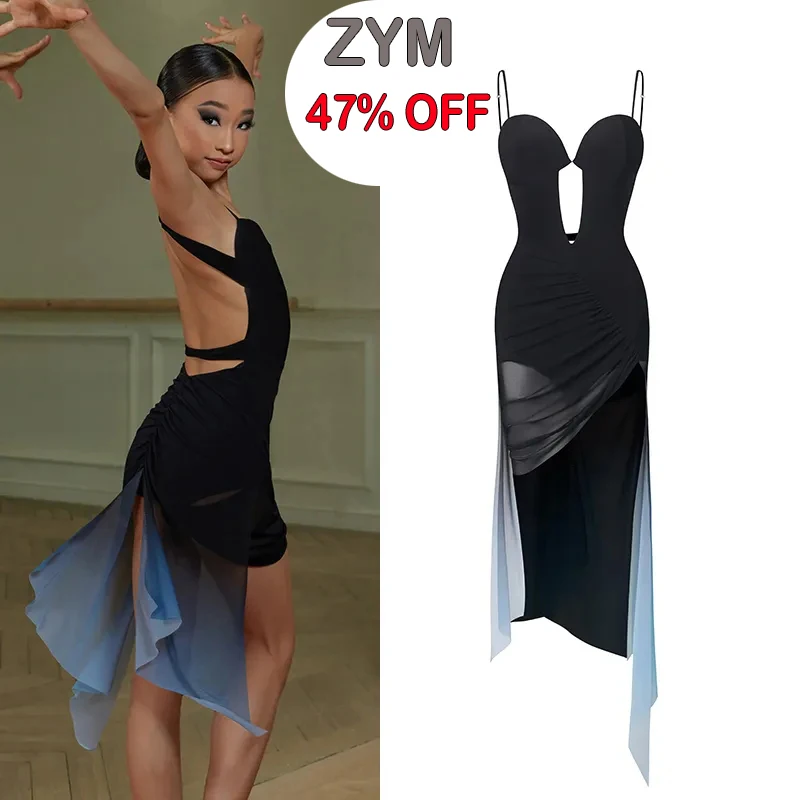 

ZYM Children Latin Dance Dress For Girls Sexy Backless Irregular Dress Kids Chacha Rumba Tango Latin Dance Competition Wear