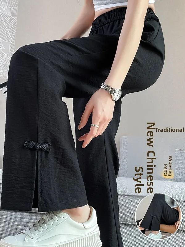 New Chinese Style High Waist Ice Silk Linen Pants Women's Micro Flare Trousers Casual Commute Style High Waist Slit Design