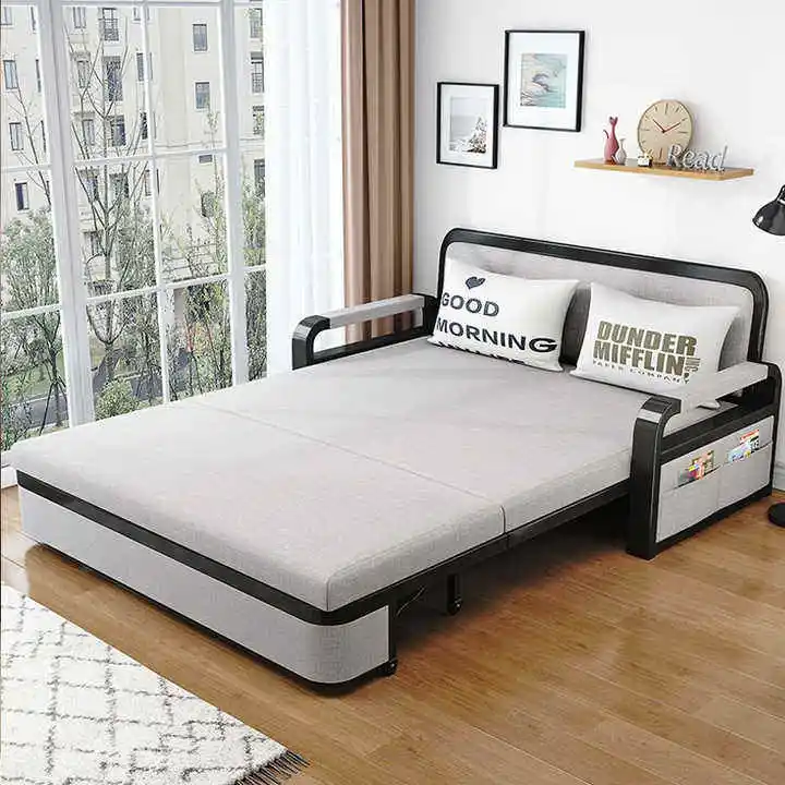 Dual-Use Retractable MIcrofiber Fabric Sofa Bed for Living Room Foldable Multifunctional Solid Wood Combination Single Bed Set