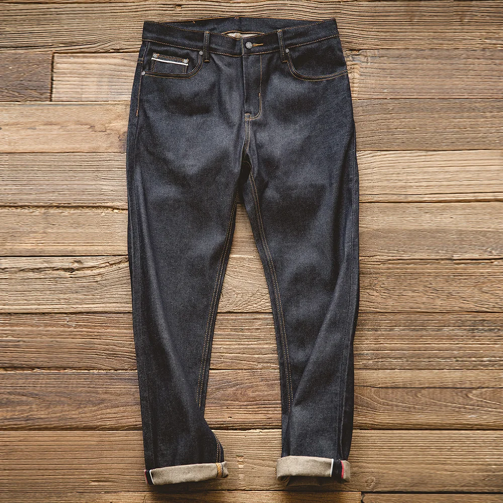 Maden Retro Jeans in denim grezzo con cimosa da 13,8 once Pantaloni da uomo in cotone vestibilità regolare con zip Pantaloni versatili di alta qualità