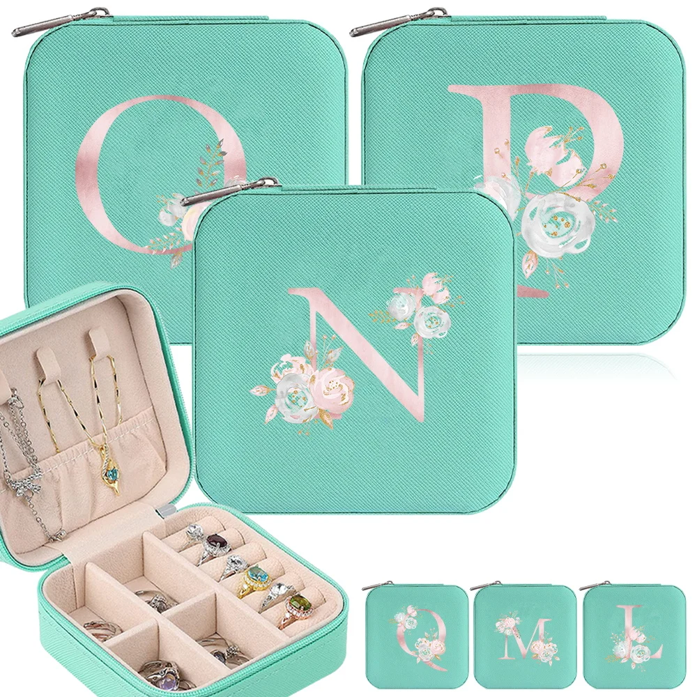 

Portable Jewelry Organizer Box New Zippered Women's Jewel Storage Case Pink Flower Series Travel Necklace Ring Fashion Boxes