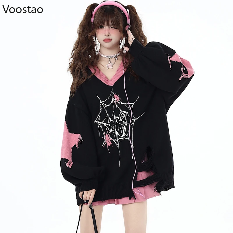 Gothic Y2k Knitted Pullover Women Y2k Aesthetic Cobweb Jacquard Loose Sweater Korean Female Harajuku Punk Fashion Knitwear Tops