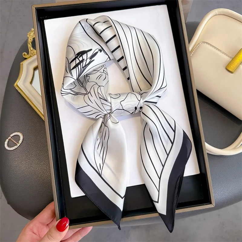 Women's Spring Summer Soft Satin Imitation Silk Square Scarf Breathable Floral Print Wrap Neck Scarf with New Stripe Design view 5