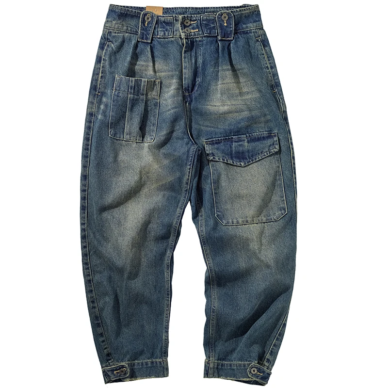 

Vintage Cat Whisker White Brushed Blue Denim Jeans for Men - Loose Fit, Straight Leg Work Wear with a Touch of Retro