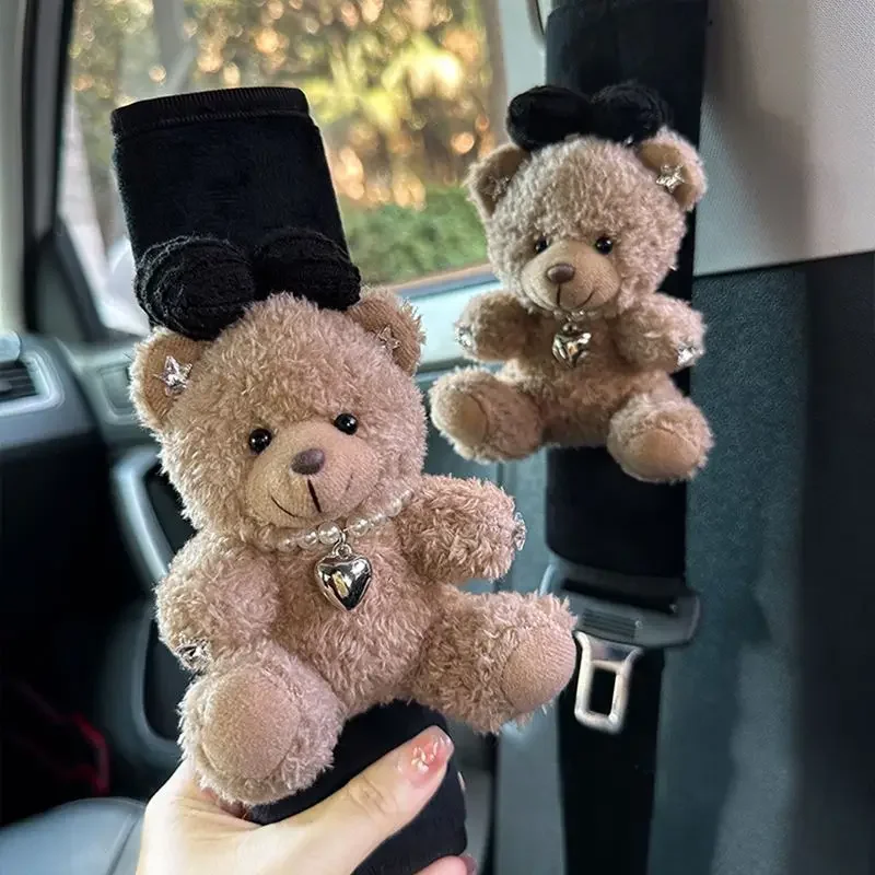 New Car Seat Belt Shoulder Cover Cute Maillard Bear Plush Plush Luxury Car Decoration Gift Black White Car Accessories Interior