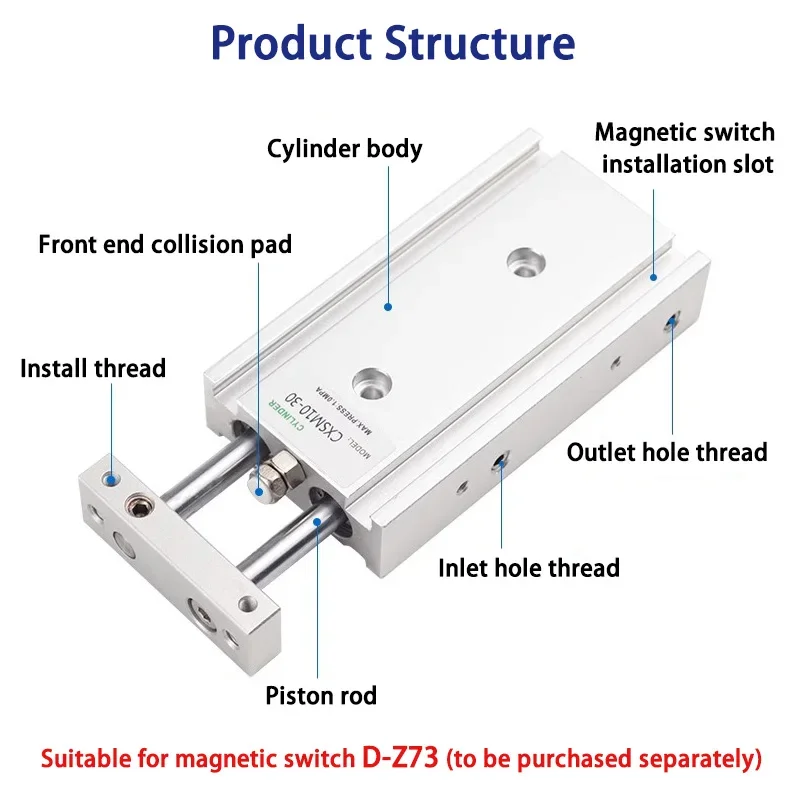 HLH CXSM10/15/25/25/32 * 20/25/30/40/50/60/70/75/100mm Dual Axis Air Pneumatic Cylinder Double Rod Double Acting Type Durable St