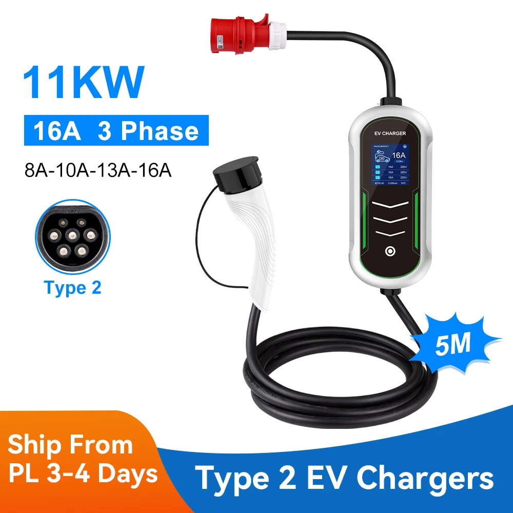 

16A Type2 Portable EV Charger 11KW IEC62196 Socket 5M Cable EVSE Charging Time Current Adjustable Wallbox Electric Car Accessory