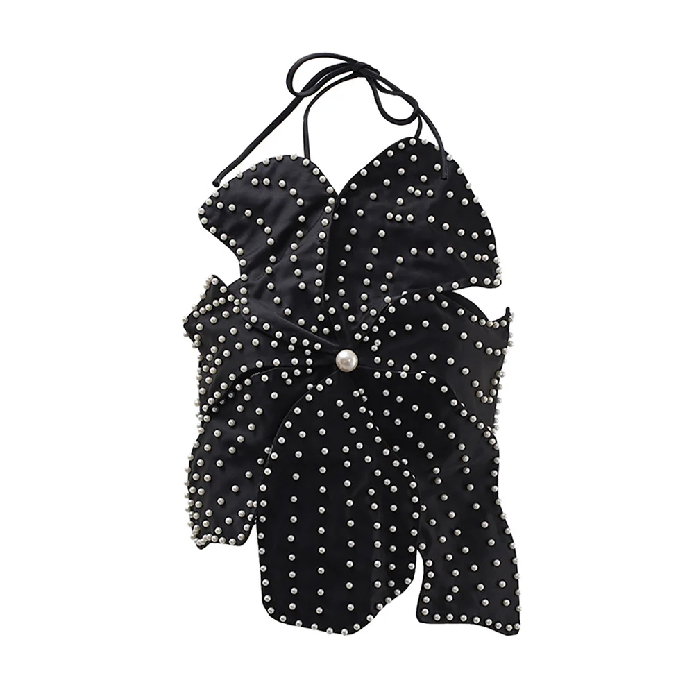 Luxury Pearls Black Women Top Bra 1 Piece Summer Hot Girl Strap Sleeveless Elastic Back Streetwear Coat