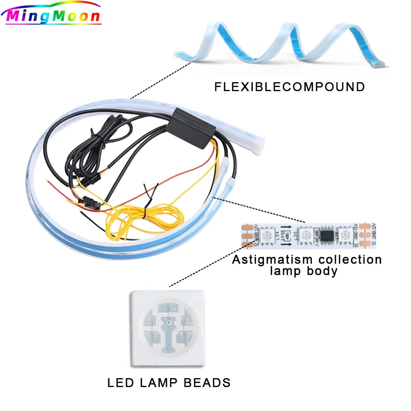 Car Sequential Flowing RGB Daytime Running Light DRL Remote/APP Multi Color LED Strip Turn Signal Lights For Headlight