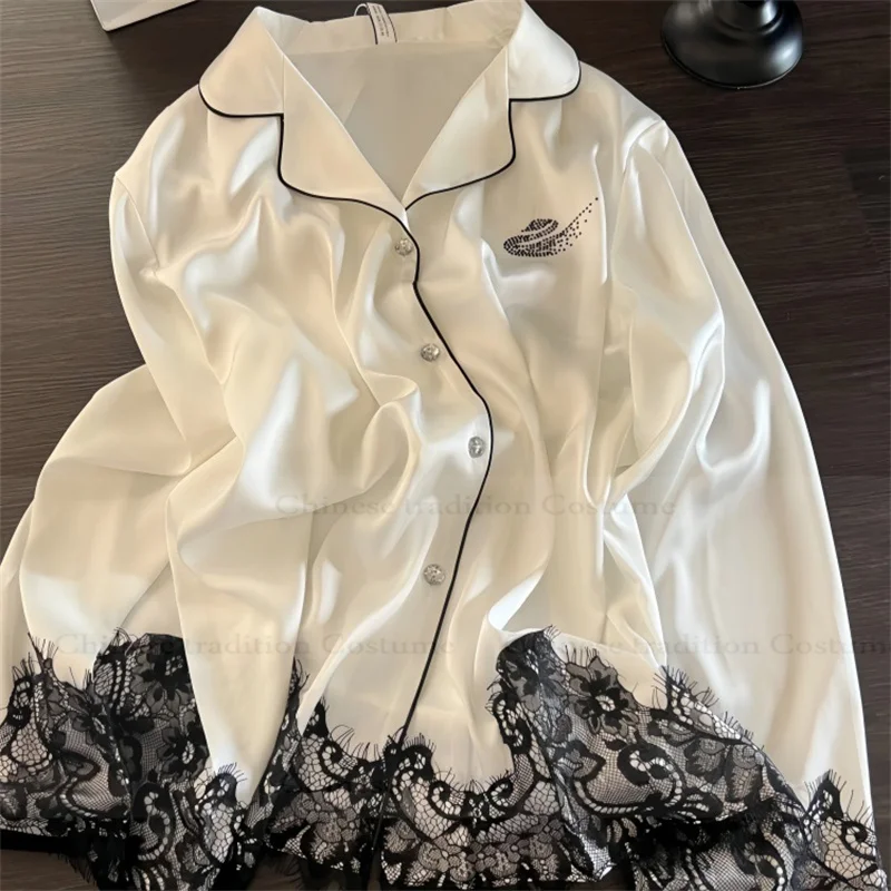 

White Pajamas Suit Women Luxury Ice Silk Sleepwear Swan Rhinestone Pyjamas Femme 2Pcs Long Sleeve Shirt Pants Loungewear