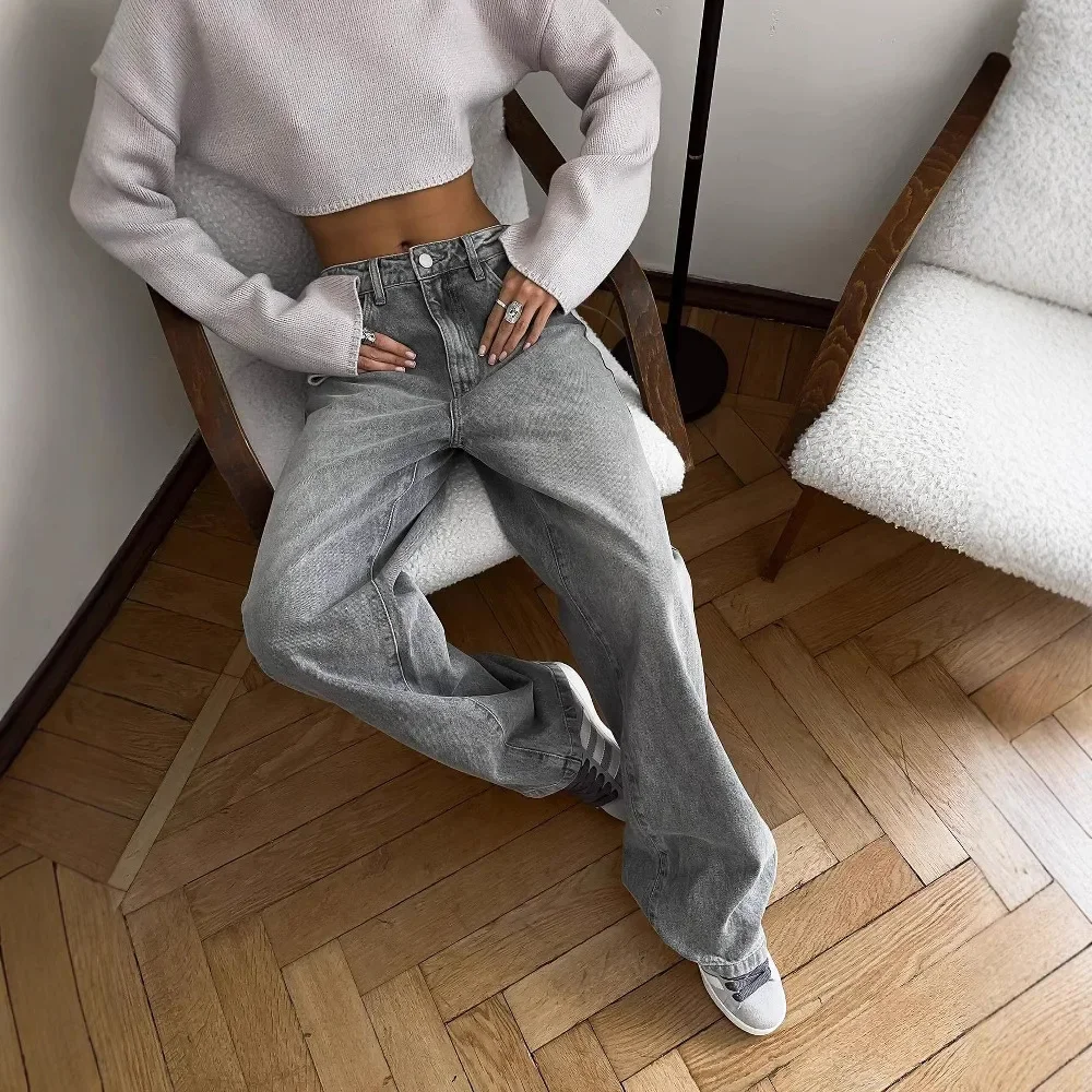 アメリカンスタイルのレトログレーウォッシュ加工ダメージデニムワイドレッグハイウエストルーズフィットフロアレングスカジュアルパンツ女性用