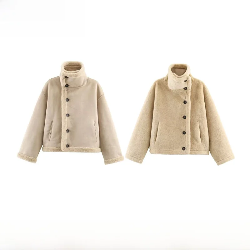 

Faionable Double-Sided Wear Jaet Outerwear for Women Autumn Winter New Arrival European Sle Long Sve Polyester Fiber