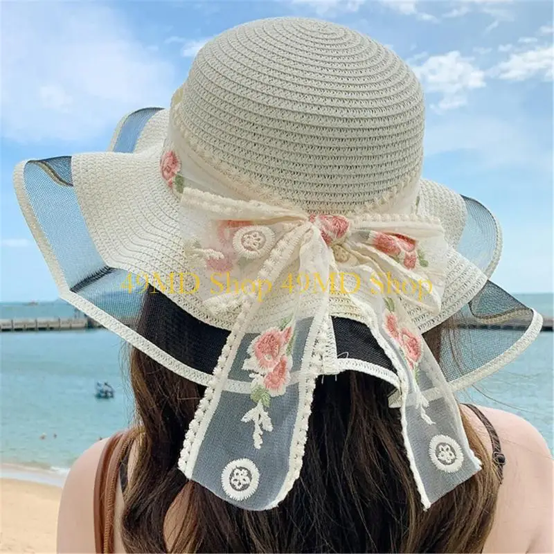49MD Western Straw Hat Handwoven Breathable Sun Hat Vintage Simple Hat Embroidered Flower Ribbon Bow Straw Hat for Summer