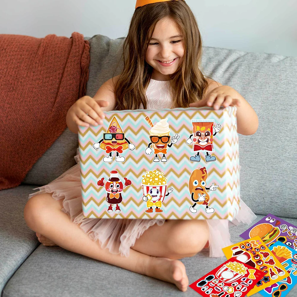 8/16Sheets DIY Food Puzzle Stickers Create Your Own Fries Burger Coke Funny Kids Game Assemble Jigsaw Children Gift Party Favor